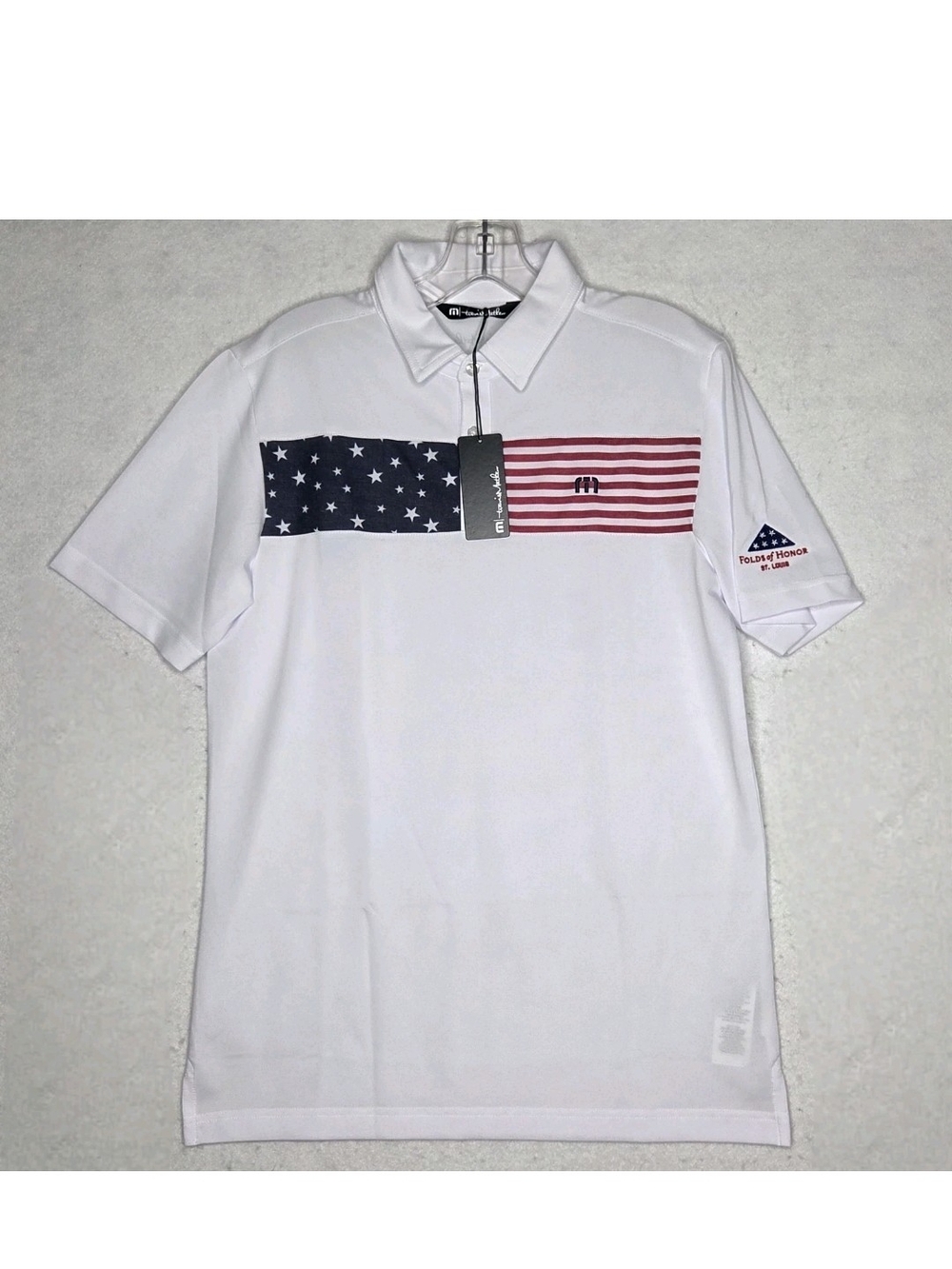 Travis Mathew NWT Sea To Sea White Polo Shirt Men Small Folds Of Honor Flag Golf